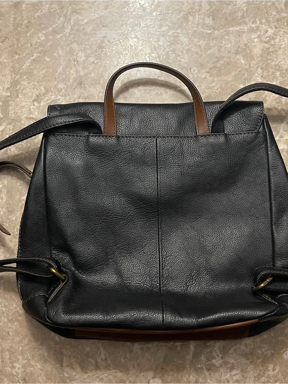 Fossil Black Pebbled Leather Flap Backpack